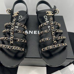 CHANEL 2023 interlocking CC logo gladiator open toe black sandals size 38 w/box